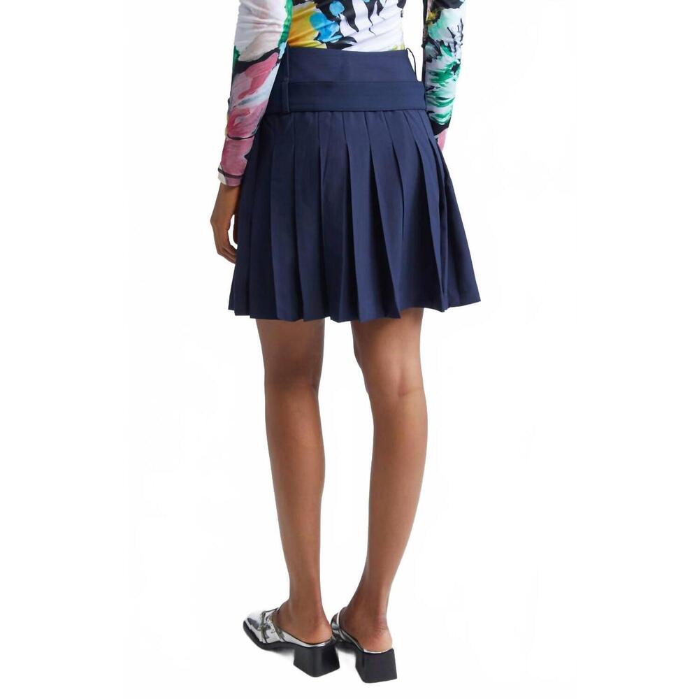 NEW STINE GOYA belted pleated mini skirt in dark blue - Picture 3 of 5